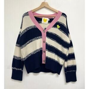 Kerri Rosenthal 100% Cashmere Mixed Stripe Colorful Heart Boxy V-Neck CardiganXS